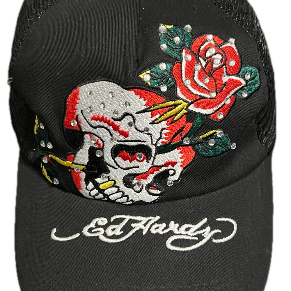 Ed Hardy Black Cap with Embroidered Skull, Red Rose & Rhinestones